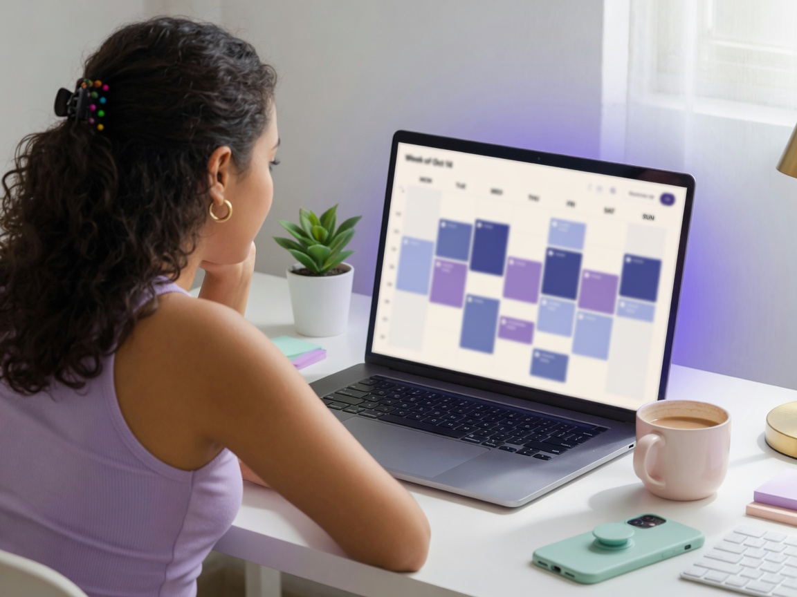 Creadora revisando su calendario editorial semanal en el portátil