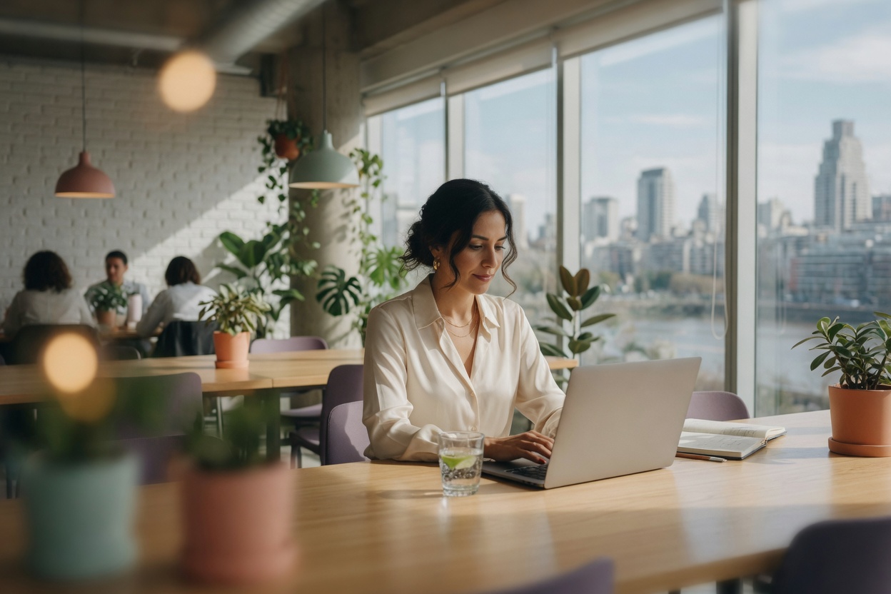 Consultora trabajando en un coworking de Buenos Aires