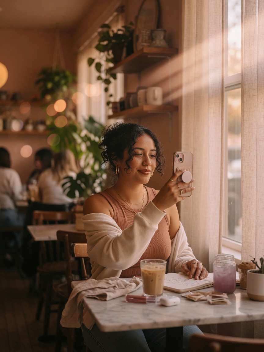 Creadora de contenido en un café de Bogotá