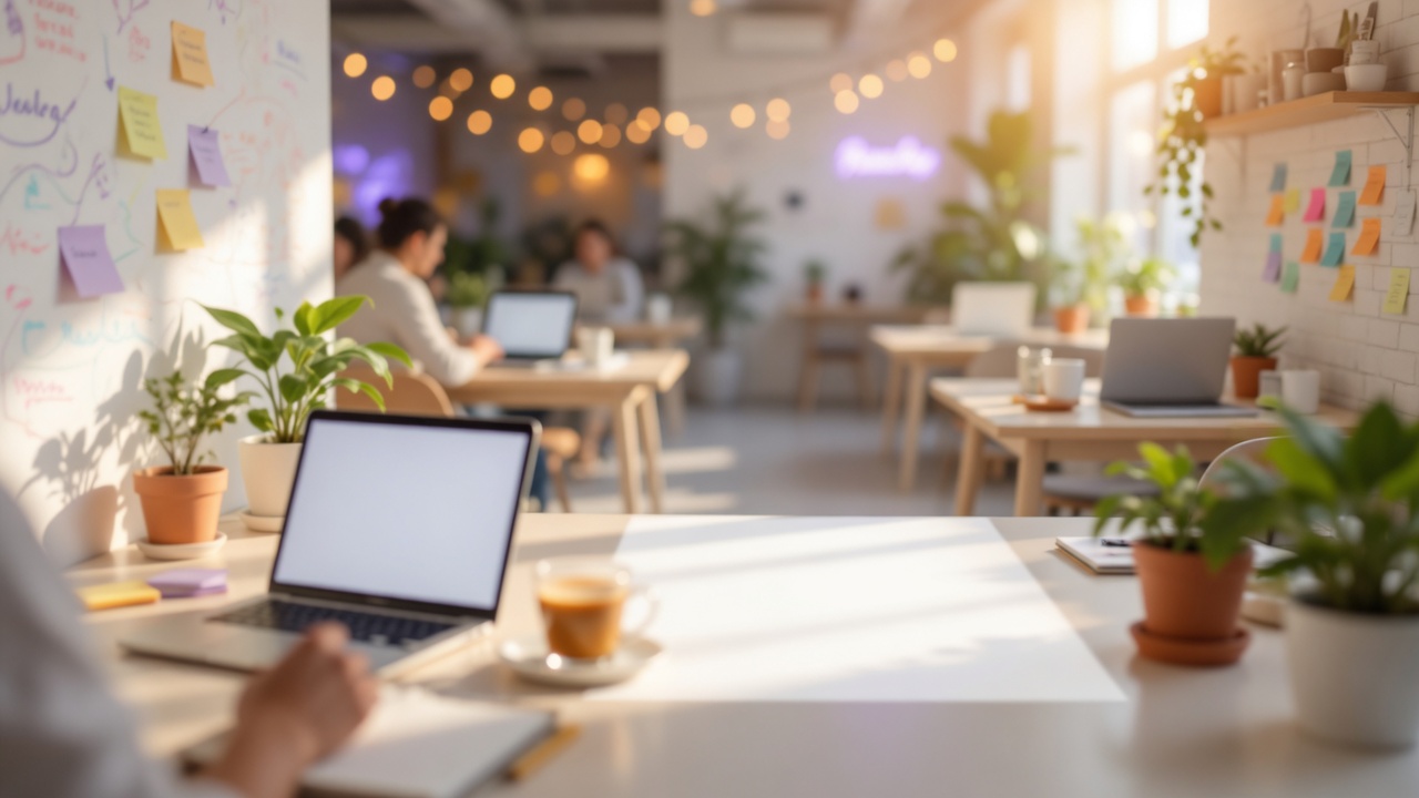 Espacio creativo luminoso con ambiente cálido de comunidad para creadores en LATAM